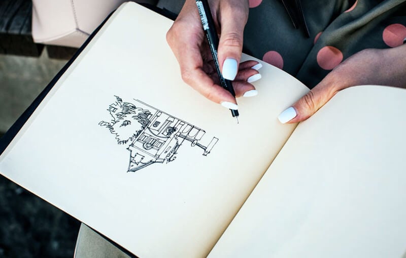 An urban sketch drawn by a drawing student